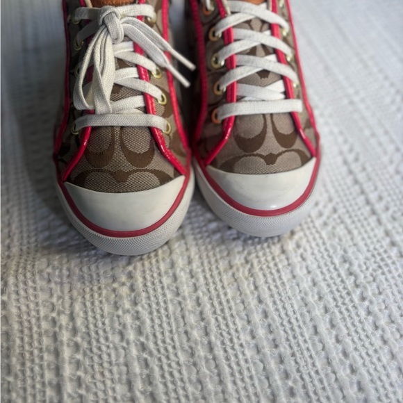 Coach Women's Brown Canvas Signature  Sneakers w/ Red Patent Leather Trim - Picture 4 of 11